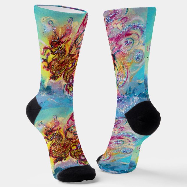 SEE-DRACHE UNTER WELLEN Fantasy Rosa Blau Socken (Gewinkelt)
