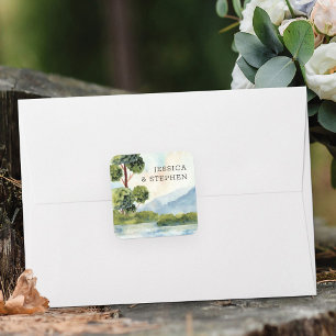 See Evergreen Wasserfarbe Braut und Bräutigam Name Quadratischer Aufkleber