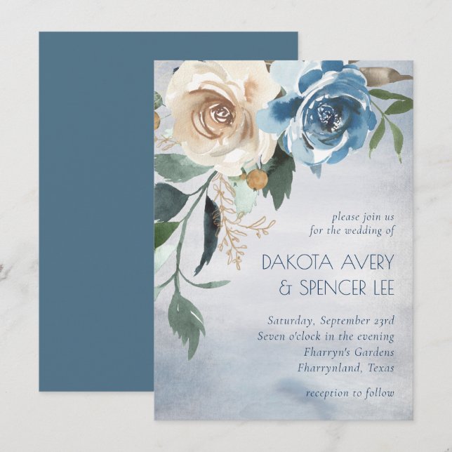See Floral | Dusty Blue and Off White Wedding Einladung (Vorne/Hinten)