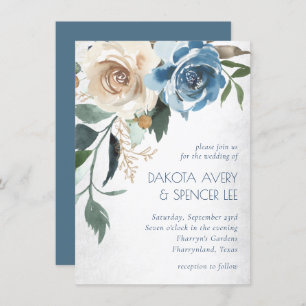 See Floral   Dusty Blue Denim Cream Wedding Einladung