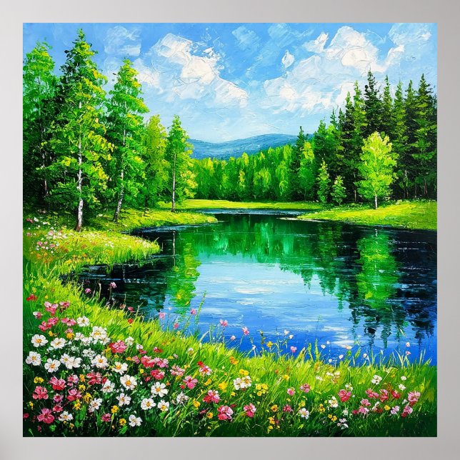 See in üppiger Waldlandschaft Blühende Wildblumen Poster (Vorne)