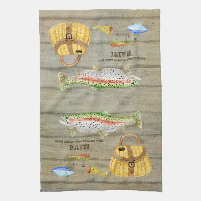See-Kabinen-Forelle-Fischen-Weidenkorb lockt Geschirrtuch (Vertikal)