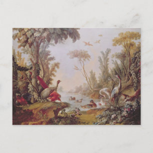 See mit Gänsen, Storchen, Papageien und Heronen Postkarte