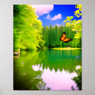 See Teich grüner Garten brauner Schmetterling AI K Poster