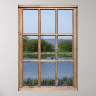 See- und Hügelansicht von einem Fenster aus Poster