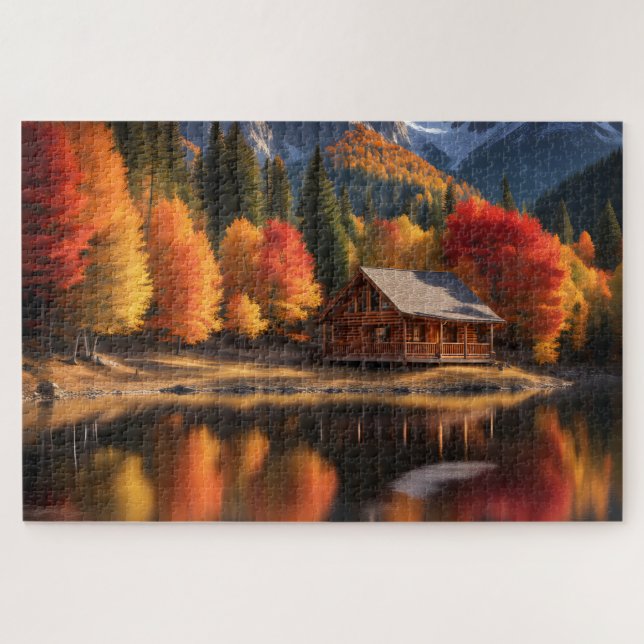 See und Hütte mit Herbstbäumen Puzzle (Horizontal)