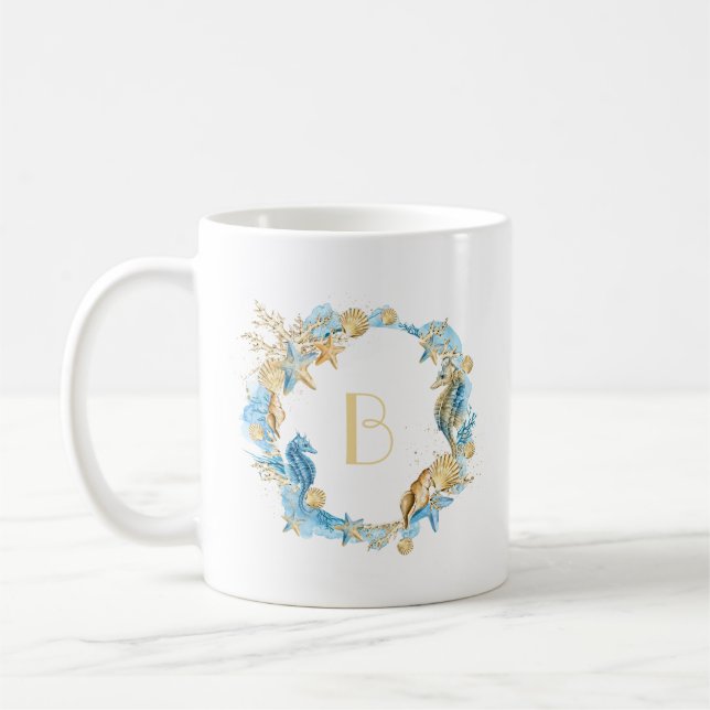 See-und Strand-blaues Goldmonogramm Kaffeetasse (Links)