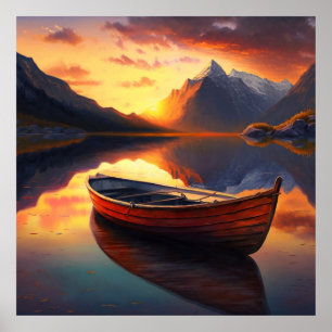 See von Sunset Mountain mit einem roten Ruderboot Poster