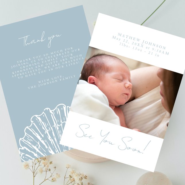 See You Soon Chic Dusty Blue Photo Baby Shower Dankeskarte (Von Creator hochgeladen)