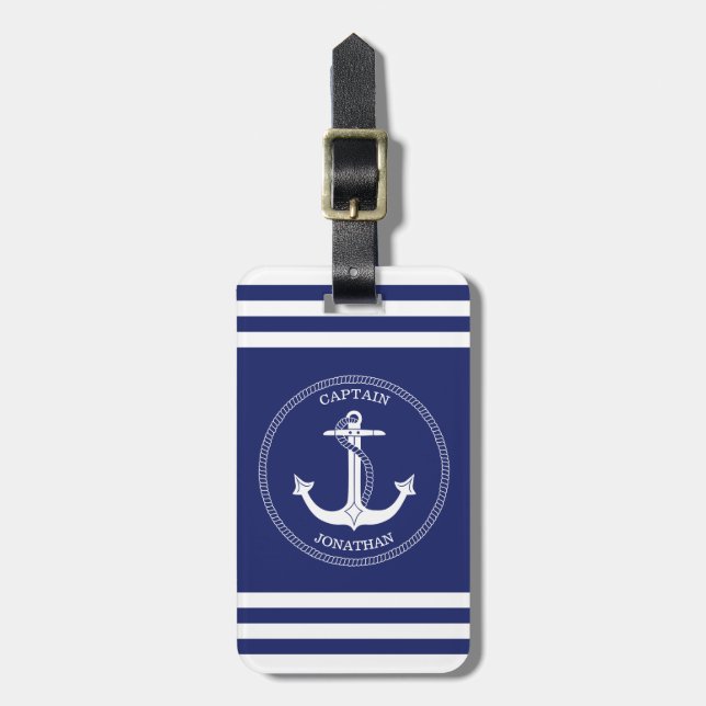 Seeanker-Marine-Blau-Weiß Stripes Monogramm Gepäckanhänger (Vorderseite vertikal)