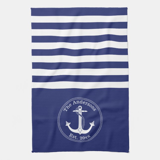 Seeanker-Marine-blaue Streifen-Familien-Monogramm Geschirrtuch (Vertikal)