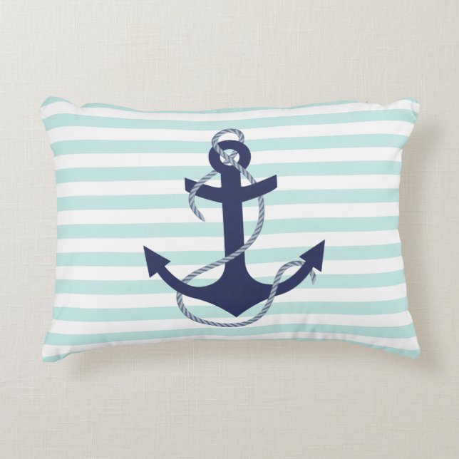 Seeaqua-u. Weiß-Streifen-Marine-Blau-Anker Zierkissen (Vorderseite)