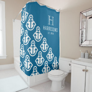 Seeblaue Seeanker-personalisierter Familienname Duschvorhang