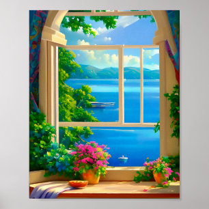 Seeblick-Fensterszene-Rückzugslandschaftskunst-Dru Poster