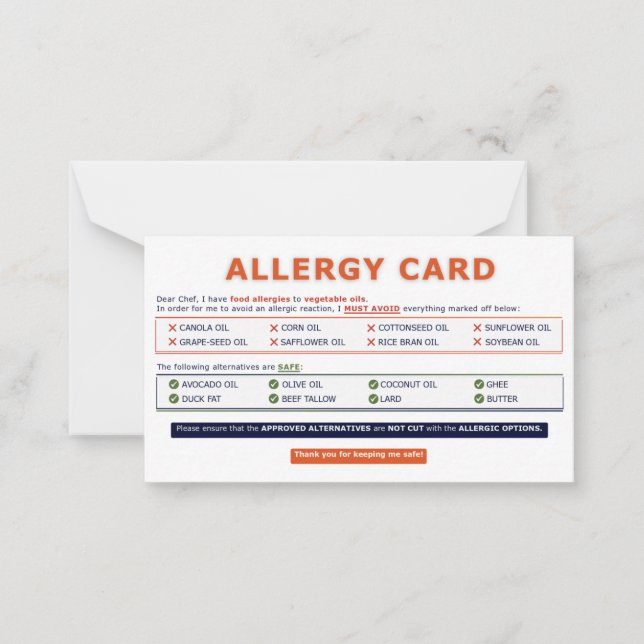 Seed Oil Allergy Card  Mitteilungskarte (Vorderseite)