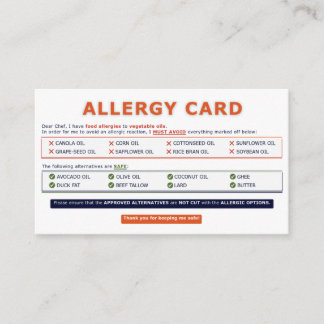 Seed Oil Allergy Card Visitenkarte