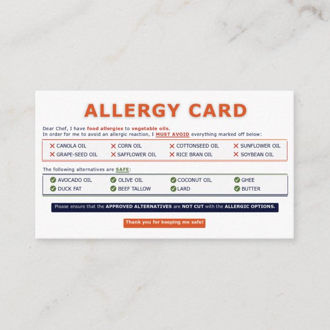Seed Oil Allergy Card Visitenkarte (Vorderseite)