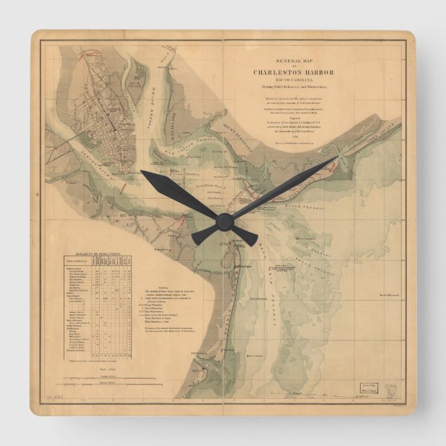 Seediagramm Charleston-Hafen-1865 Quadratische Wanduhr (Vorderseite)