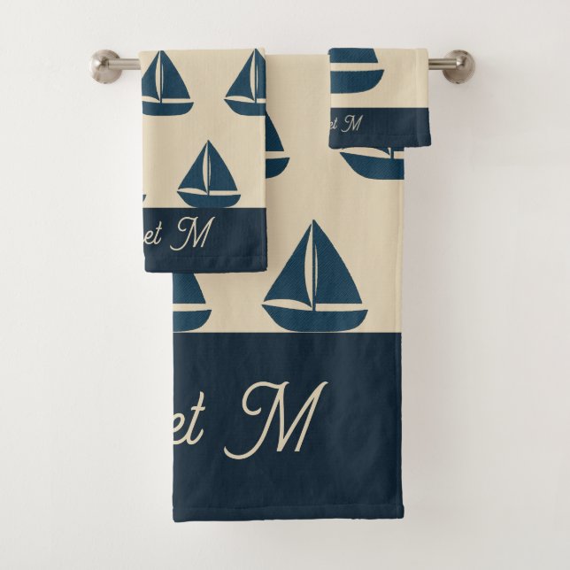 Seefahrerboot & Monogram Beige Coastal Zuhause Badhandtuch Set (Insitu)