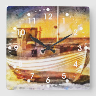 Seefischerboot auf Strand an der Quadratische Wanduhr