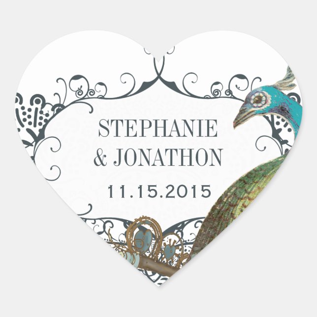 Seeflotter und Senf Peacock Love Bird Wedding Sieg Herz-Aufkleber (Vorderseite)