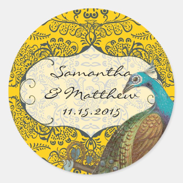 Seeflotter und Senf Peacock Love Bird Wedding Sieg Runder Aufkleber (Vorderseite)