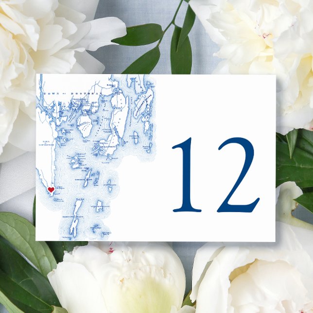 Seehafen-Karte Southport Boothbay Elegant Navy Wed Tischnummer (Southport Maine Map table number for an elegant Newagen Seaside Inn wedding by Coastal Map Designs)