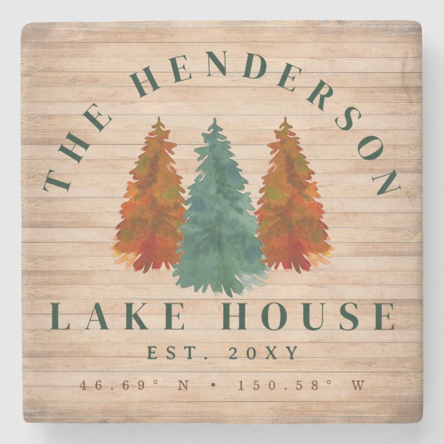 Seehaus Rustikales Lake House Boat Aquädukte Bäume Steinuntersetzer (Vorderseite)