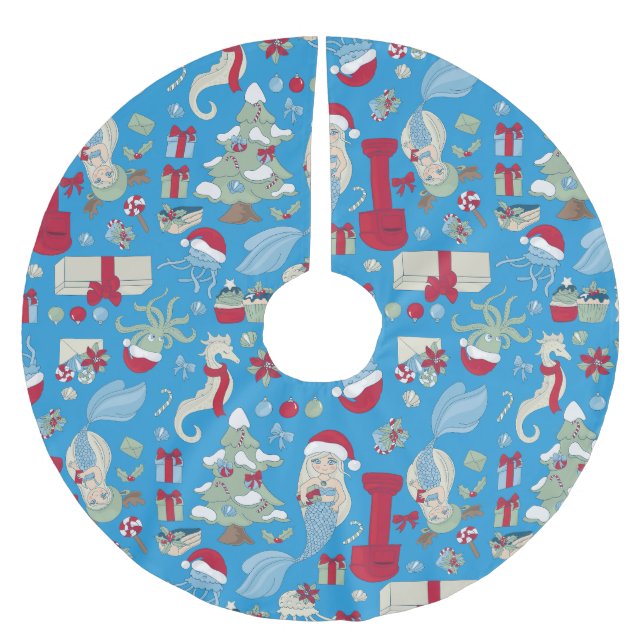 Seejungfisch-Meerjungfrau-Seepferd Polyester Weihnachtsbaumdecke (Vorderseite)
