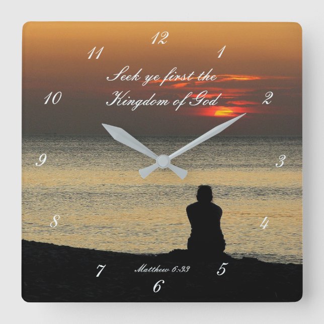 Seek Erstes Reich Gottes, Matthew 6:33 Sonnenaufga Quadratische Wanduhr (Vorderseite)