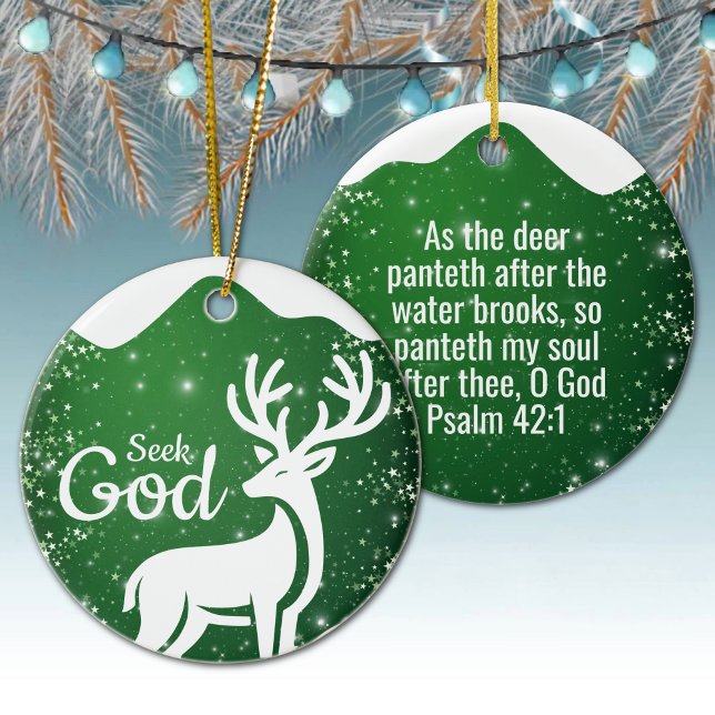 Seek God Religious Holiday  ⛪️ 🎄 Keramik Ornament (Customizable Seek God, Bible Verse Festive Reindeer Devotional Ceramic Ornament Green Psalm 42:1 🦌✞)