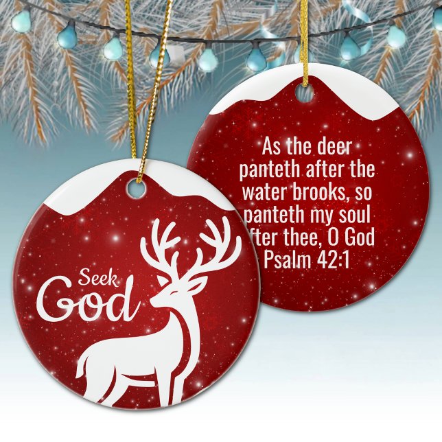 Seek God Religious Holiday  ⛪️ 🎄 Keramik Ornament (Editable Seek God, Scripture Festive Reindeer Gospel Ceramic Ornament Red Berry Deer Psalm 42:1 🦌✞)
