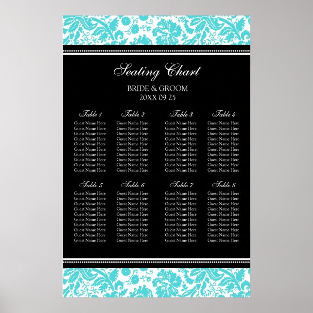 Seekarte 8 Tische Aqua Black Damask Poster (Vorne)