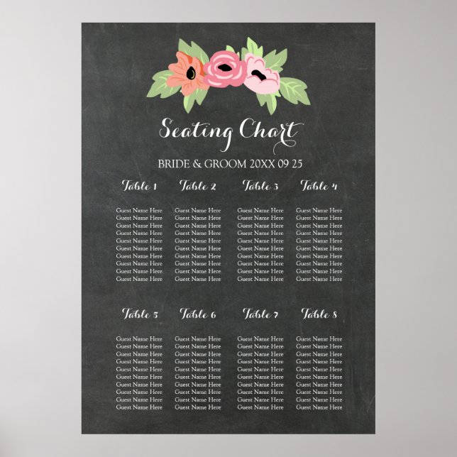 Seekarte 8 Tische Tafel rosa Rosa Blumenmuster Poster (Vorne)