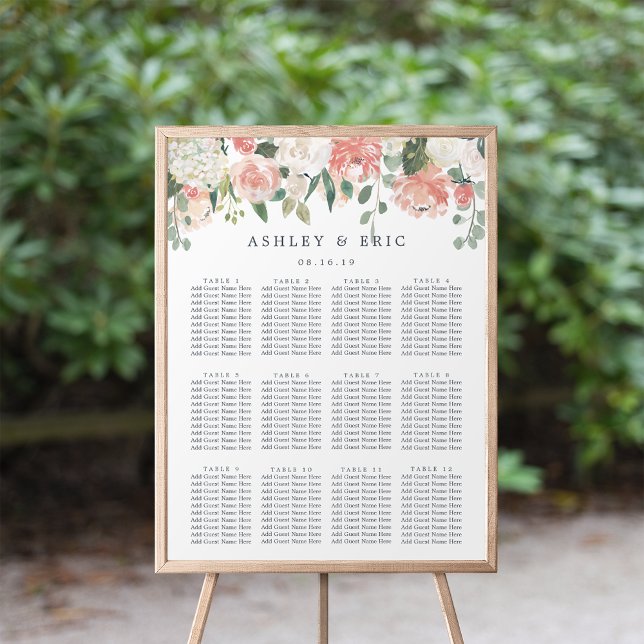Seekarte für Blumenzehen im Mittelsommer Poster (Blush and sage floral wedding seating chart)