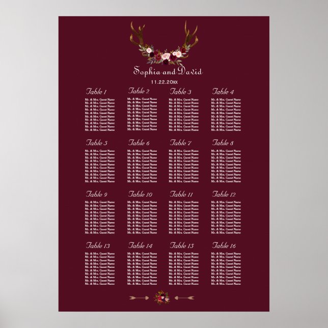 Seekarte für Burgundy Marsala Floral Antlers Poster (Vorne)