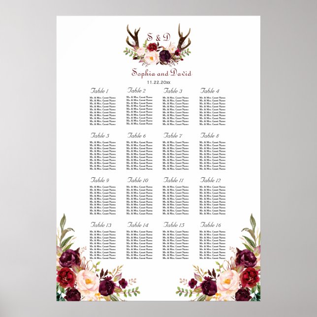 Seekarte für Burgundy Marsala Floral Antlers Poster (Vorne)