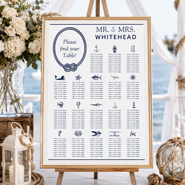 Seekarte für die Hochzeit von Nautic Rope 18 Tabel Poster (This seating chart in a nautical theme has symbols that represent the guest tables.)