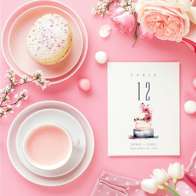 Seekarte für die Tischnummer Hochzeitstorte (Watercolor Wedding Cake Table Number card.)