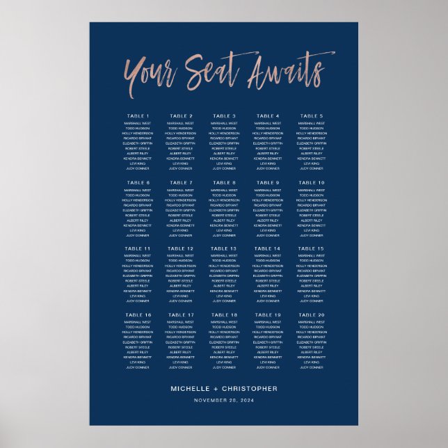Seekarte für Hochzeiten in Navy Blue & Rose Gold C Poster (Vorne)