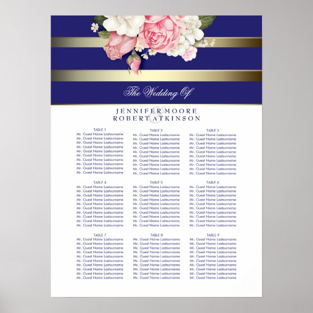 Seekarte für Hochzeiten von Gold Navy und White Fl Poster (Vorne)