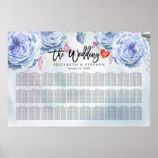 Seekarte für Hochzeiten Wasserfarben, Blumen und F Poster (Vorne)