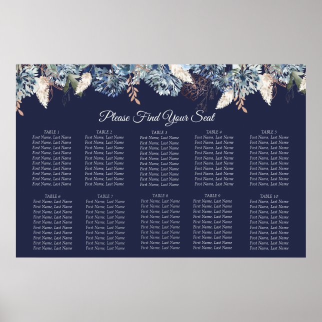 Seekarte für Hochzeitssitze in Navy Blue Floral Poster (Vorne)