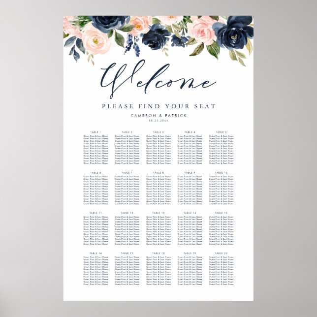 Seekarte für Hochzeitssitze in Navy Blue und Rosa Poster (Vorne)