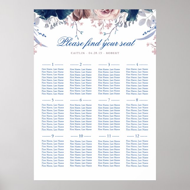 Seekarte für Navy Blue und Mauve Wedding Poster (Vorne)