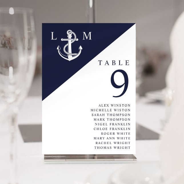 Seekarte für Navy Nautical Monogram Tischnummer (Navy Nautical Monogram Table Number Seating Chart)