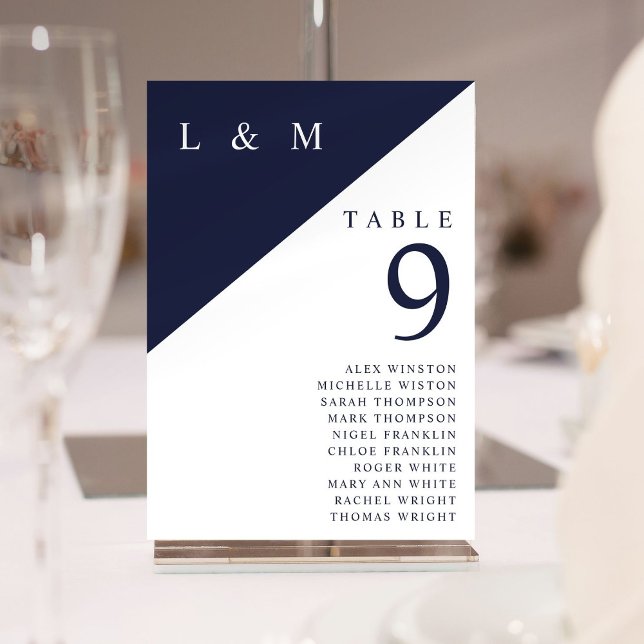 Seekarte für Navy- und White Monogram-Tischnummern Einladung (Navy And White Monogram Table Number Seating Chart)