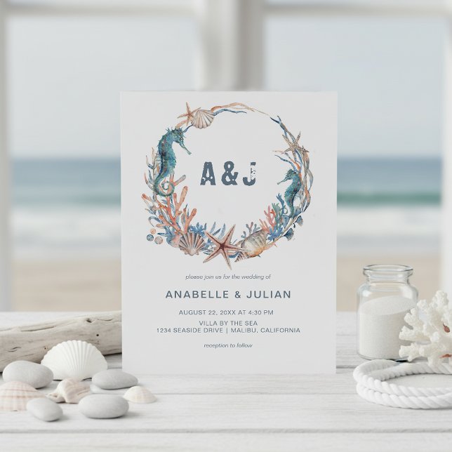 Seekranz | Rustic Beach Monogram Wedding Einladung (Von Creator hochgeladen)