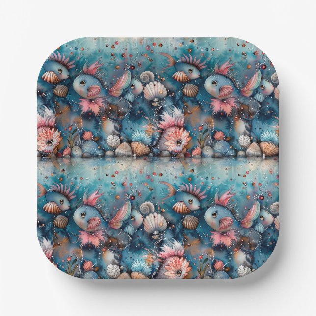 Seelachs lustige Fischbewohner Pappteller (Vorderseite)