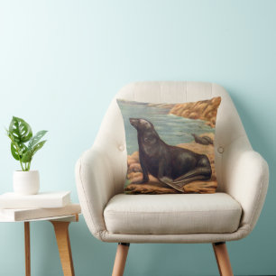 Seelöwe am Meeresufer, Vintage Meeres Säugetiere Kissen